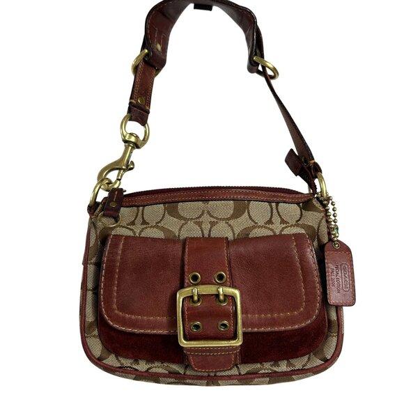 Coach Small Hobo Bag Burgundy & Brown Signature Buckle Canvas Leather Suede 7061 - Picture 1 of 16